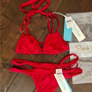 New Beach Bunny Swim Set. Large/Red, triangle top & bottom, gold detail.